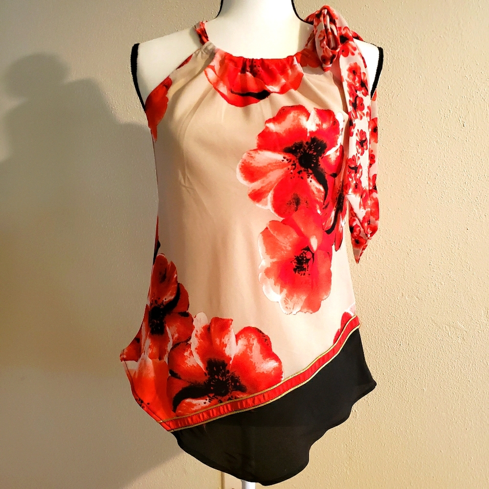 New York & Co Tie Shoulder Blouse Flwrd Pr…